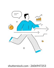 Businessman runs forward to success. growth charts. Line icon illustration. Success, rates