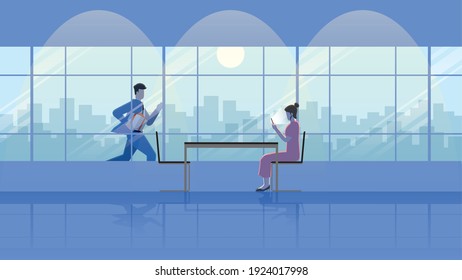 Businessman runs with gift box outdoor for dinner with a woman that using smartphone and waiting in a restaurant at night with full moon. City lifestyle of be late business people work hard over time.