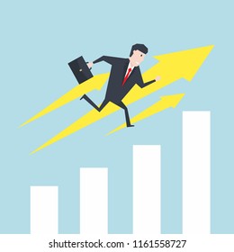 Businessman runs up the growth chart. Concept of career growth or path to success.