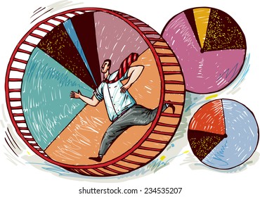  Businessman Runs In Hamster Wheel. Vector Illustration