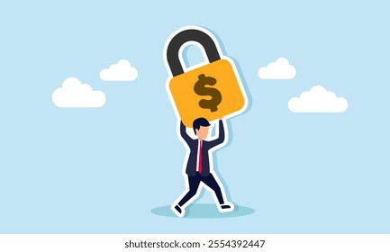 A businessman runs holding a padlock labeled with a dollar sign, illustration of securing the financial assets of a business