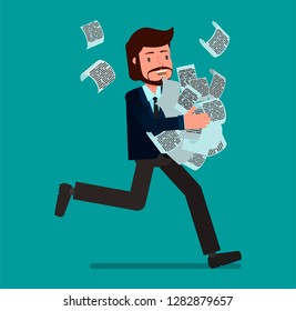 A businessman runs holding a pile of papers. Flat character vector illustration.
