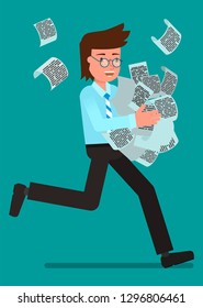 A businessman runs holding a pile of papers. Flat character vector illustration.