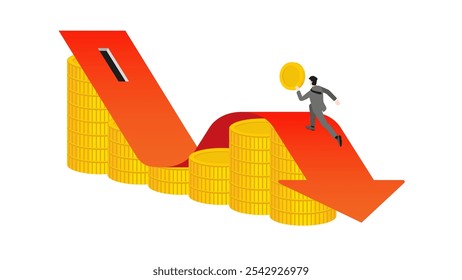 Businessman runs and holds coins on a red arrow graph decrease on a stack of coins to coin slot. Business Down, wealth create, financial, investment goal, corporate develop, economic, profit and loss.