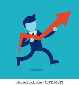 Businessman runs with increasing graph arrow. Business success flat concept illustration. Man, growth arrow as a symbol of advance in management. Profit, income, improve business vector design element