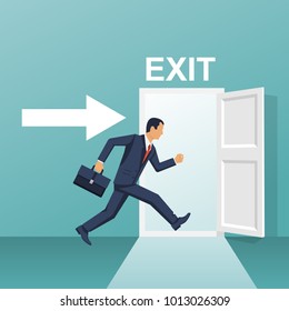 Businessman runs into open door. Symbol exit. Human is running from work. Evacuation sing. Vector illustration flat design. Isolated on white background. Emergency exit.