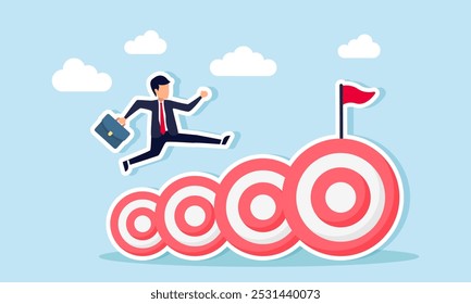 A businessman runs and jumps over a series of target boards, illustrating the achievement of one target after another to reach success in a business project