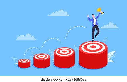 Businessman runs and jumps from small target goal to reach bigger target goal achievement flat style design vector illustration. Career growth and ladder of success path objective business concept.