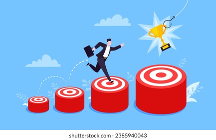 Businessman runs and jumps from small target goal to reach bigger target goal achievement flat style design vector illustration. Career growth and ladder of success path objective business concept.
