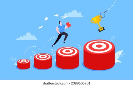 Businessman runs and jumps from small target goal to reach bigger target goal achievement flat style design vector illustration. Career growth and ladder of success path objective business concept.