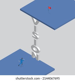Businessman runs to a ladder, Climb up to a goal red flag on a higher level. Business concept of possible, challenge, motivation, problem, solution, passion, strategy, objective, vision, and mission.