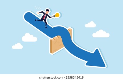 A businessman runs with a lamp, following an arrow through a wall, illustration of guidance in facing business problems based on ideas and innovations