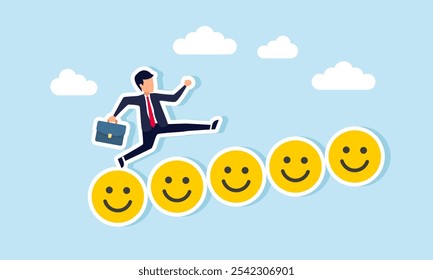 A businessman runs and leaps over a row of smiling emoticons, illustration of receiving positive attention for great business performance