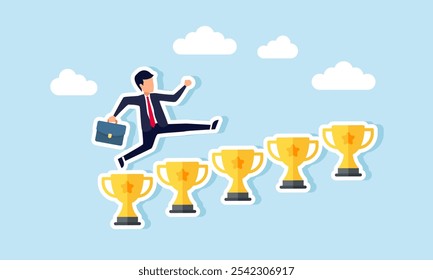 A businessman runs and leaps over a row of trophies, illustration of receiving multiple awards for great business performance