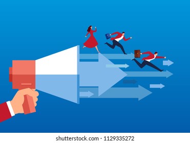 Businessman runs on the arrow from the megaphone.