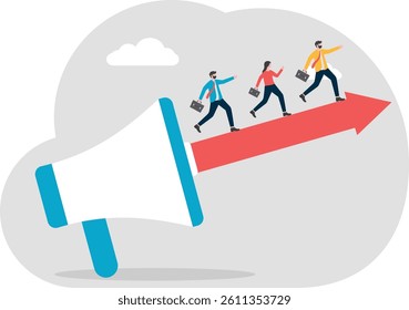 Businessman runs on the arrow from the megaphone. business concept, vector illustration


