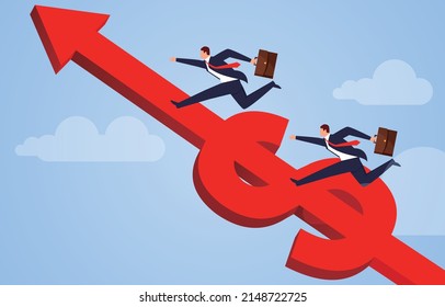 Businessman Runs Up On The Arrow In The Middle Of The Dollar Sign, Economic Growth And Development, Exchange Rate Growth