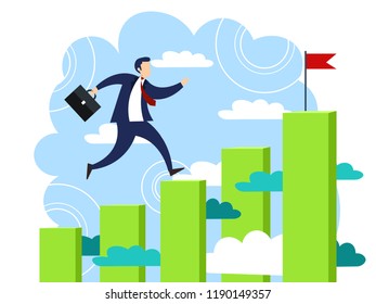 Businessman runs on graph chart upwards by steps to his goal. Business make deal metaphor in minimalistic flat style. Cartoon vector illustration