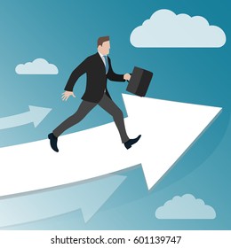 Businessman runs on increasing graph arrow. Business success flat concept illustration. Metaphor of profit vector illustration