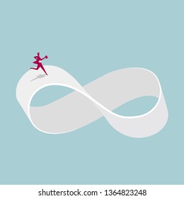Businessman runs on the infinity symbol. Isolated on blue background.