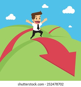businessman runs on red arrow.vector