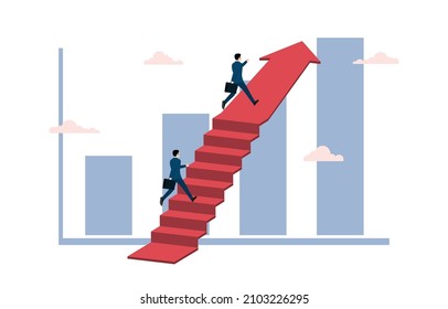 Businessman runs on stair chart or arrow, Business goal achievement, Career ladder progress and advancement, Professional competition, Success in business. Vector illustration flat