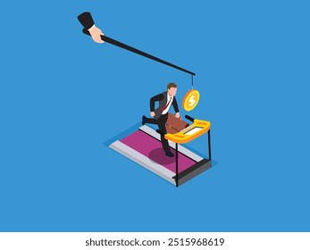 A businessman runs on a treadmill while a hand swings a dollar coin above him.3d isometric vector illustration