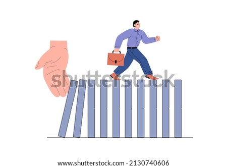 Businessman runs over a row of falling dominoes. Overcoming crisis and obstacles strategy, flat cartoon vector illustration isolated on white background.