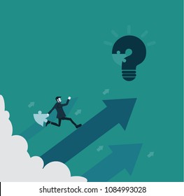 Businessman runs a puzzle to solve the question mark become a light bulb. The concept using the problem solving process to accomplish the goal.responsible progress concept