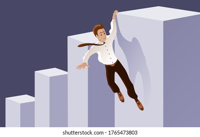 Businessman runs the risk of falling off the career ladder. Hanging on the edge. The symbolic concept of the financial crisis. Vector illustration banner.
