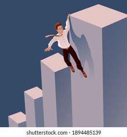 Businessman runs the risk of falling off the career ladder. Hanging on the edge. The symbolic concept of the financial crisis. Vector illustration.
