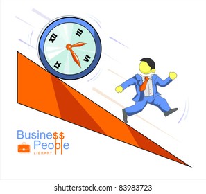 Businessman runs from rolling clock. Vector illustration