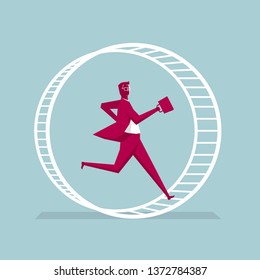 Businessman runs in a sports cage. Isolated on blue background.