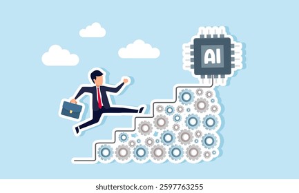 Businessman runs up stacked gears forming stairs to reach the top with an AI chip, illustration of how systematic thinking enhances AI capabilities