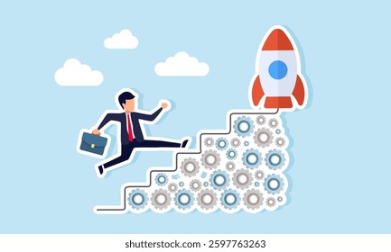 Businessman runs up stacked gears forming stairs to reach the top with a rocket, illustration of a systematic work system to improve business performance