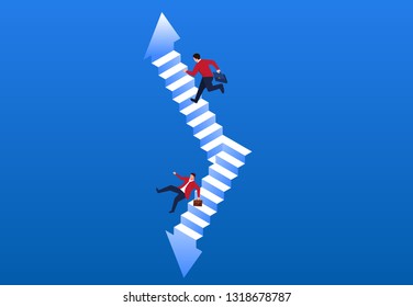 A businessman runs up the stairs and another down the stairs