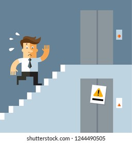 Businessman runs up the stairs as the elevator doesn't work. business concept vector illustration flat style.