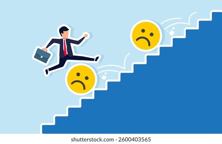 Businessman runs up the stairs and jumps over rolling sad emoticons, illustration of avoiding negative effects from market perception and attention