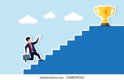 Businessman runs up the stairs striving to reach the top with a trophy, illustration of efforts to achieve business targets or become a leading company and dominate market share