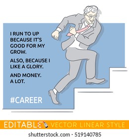 Businessman runs up stairs for success. Hash tag career. Meme card. Editable outline sketch. Stock vector illustration.