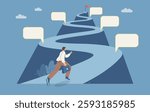 Businessman runs up steep road with a red flag at his destination, Project planning development timeline in business, Roadmap, Important route map with action plan, Project timeline.