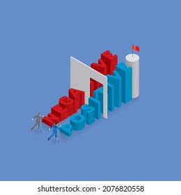 Geschäftsmann läuft und steigt Treppe mit einem Konkurrenten, Treppe ist das Wort NEGATIVE und POSITIVE, ordnen in alphabetischer Reihenfolge mit einer roten Fahne oben. Das Konzept des Wettbewerbs für Unternehmen.