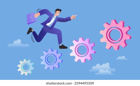 A businessman runs toward success, stepping on key milestones. One image shows him on a growth chart, the other on gears symbolizing process and strategy. Both represent progress, and achievement.