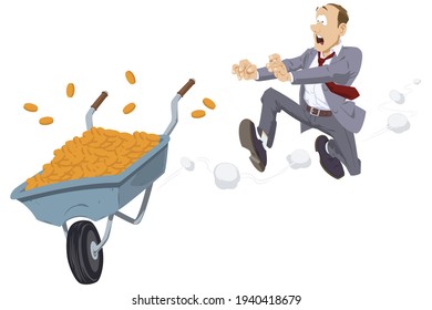 Businessman runs for wheelbarrow with money. Loss of golden parachute. Rich male and coins cart. Illustration concept for website and mobile website development.