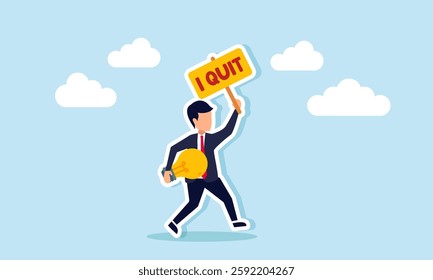 A businessman runs while carrying a light bulb and a board that says I QUIT, illustration of escaping business competition to switch fields with ideas and innovation