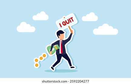 A businessman runs while carrying a money sack and a board that says I QUIT, illustration of escaping business competition to switch fields with strong financial capital