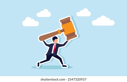 A businessman runs while holding up a gavel, illustration of maintaining business integrity to stay compliant with regulations