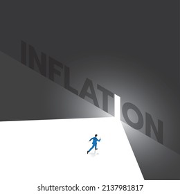 A Businessman runs to the white exit with light from the dark, Text wording INFLATION on the big black wall with an opening. Business concept of ambition, challenge, achievement, motivation, chance.