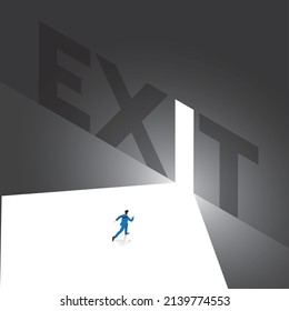 A Businessman runs to the white exit with light from the dark, Text wording EXIT on the big black wall with an opening. Business concept of ambition, challenge, achievement, motivation, chance.