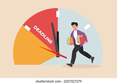 Businessman rushes to office to finish work before it's too late. Timer concept. Vector illustration.